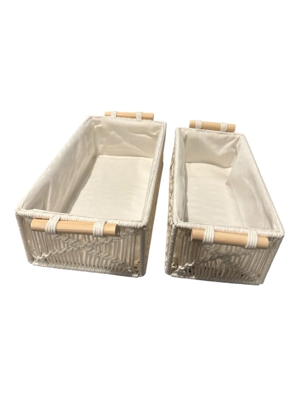 Set of 2 Woven Macramé Storage Bins in Cream with Wooden Handles
